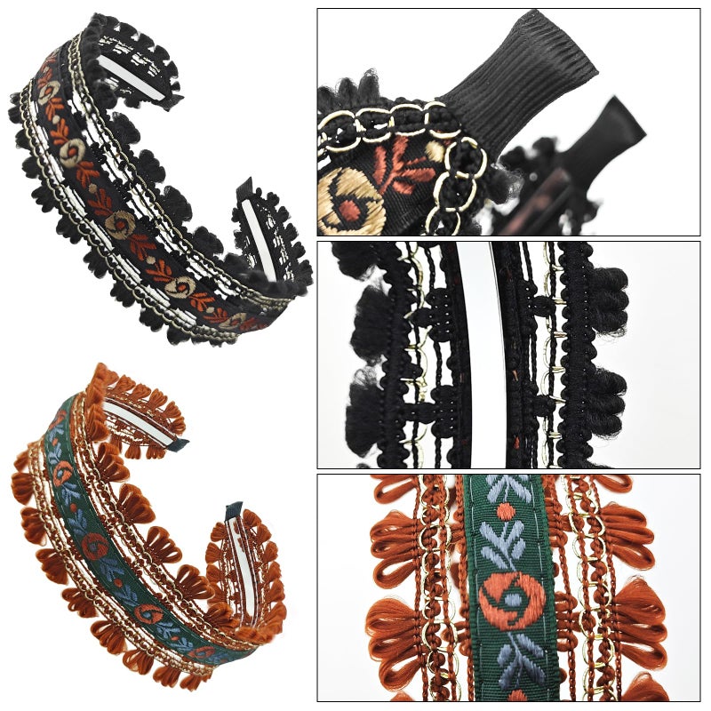 Capiant 2 Pack Embroidered Headbands for Women, Wide Non-Slip Boho Floral Hair Hoops, Ethnic Flower Head, Lace - Image 3